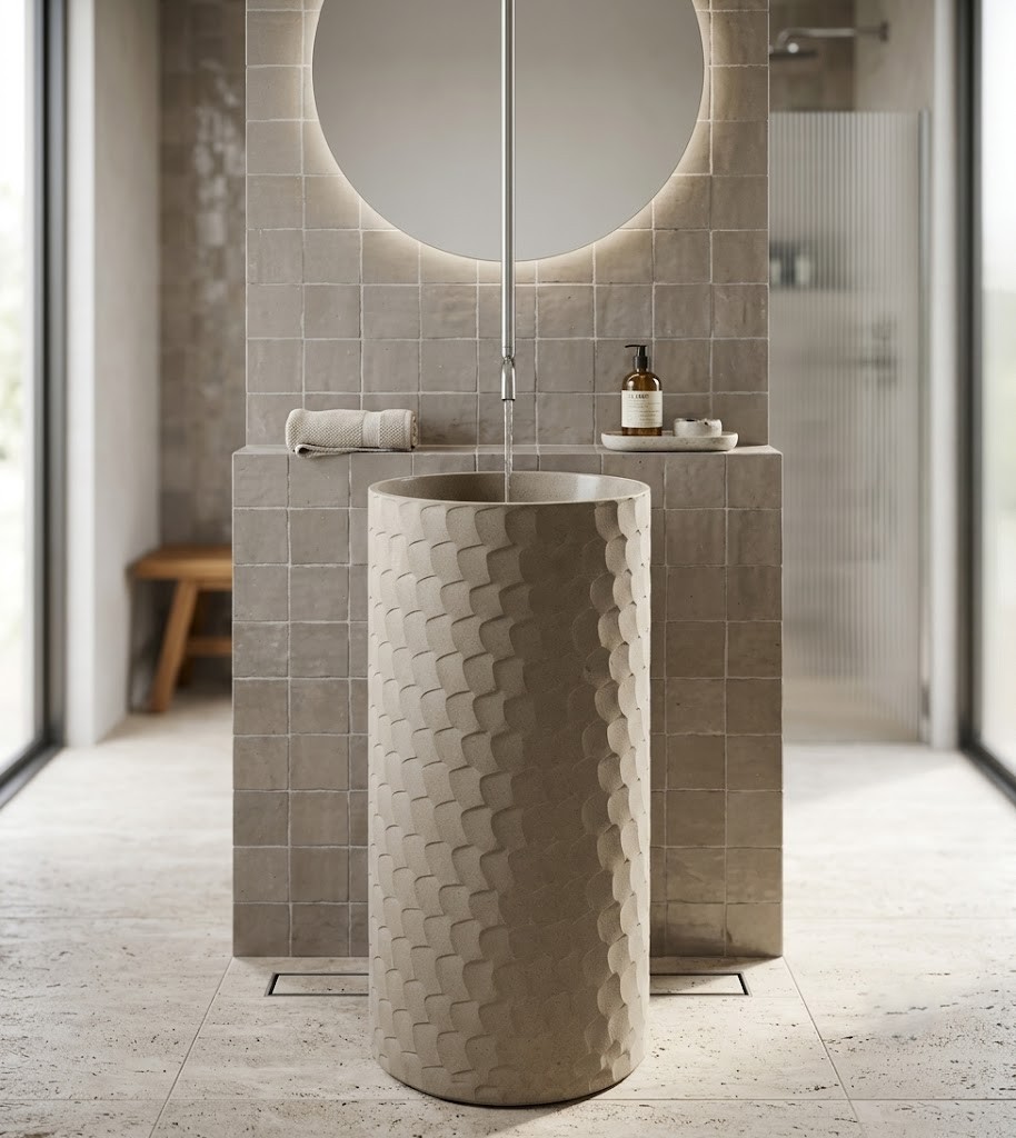 Ivory beige composite stone freestanding pedestal basin with hand-carved overlapping scale texture and cylindrical designer washbasin shape.