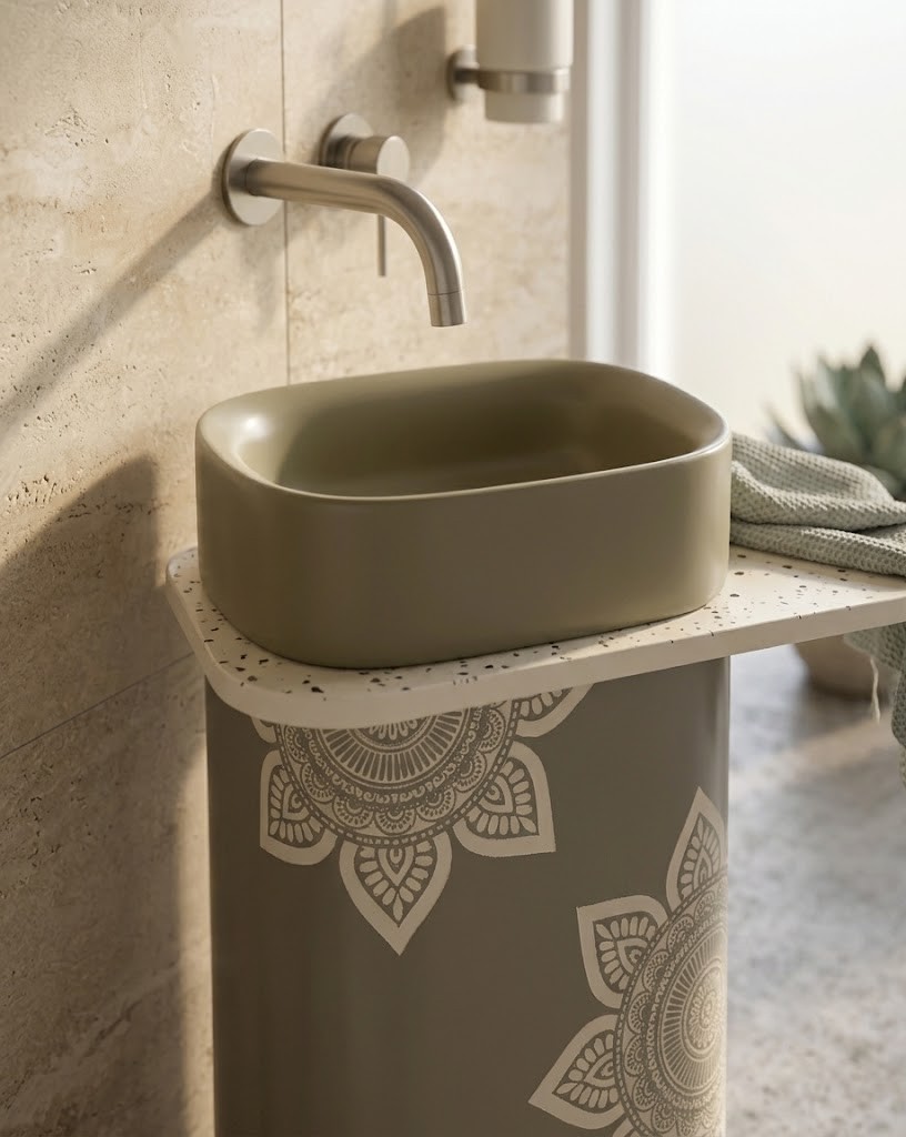 Close-up view of floral mandala patterns on a composite stone pedestal basin with luxury decorative detailing.