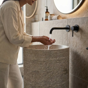 Close-up view of the handcrafted natural stone-inspired texture on a composite stone freestanding washbasin.