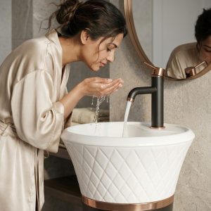 Close-up of all-over precision quilted diamond lozenge pattern on brilliant white upper bowl exterior of Muniq artificial stone pedestal basin 1357 showing raised lozenges and recessed diagonal lines