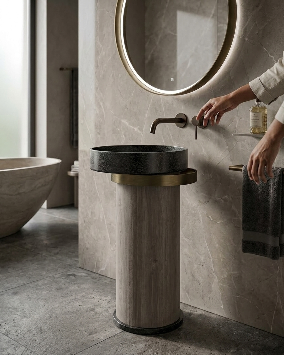 Black Stone Vessel Basin Detail auCvFwH6Vsm4YqBlf7P 3 - Black Stone Vessel Basin with Wood Texture Pedestal | Luxury Composite Stone Freestanding Washbasin | Modern Designer Bathroom Sink