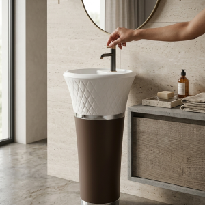 Close-up of polished gold connecting ring between diamond quilted white bowl and smooth warm brown tapered column on artificial stone pedestal basin 1358