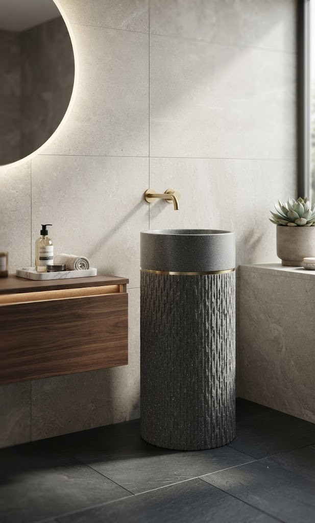 Dark grey terrazzo composite stone freestanding basin with textured cylindrical pedestal and elegant gold accent ring.