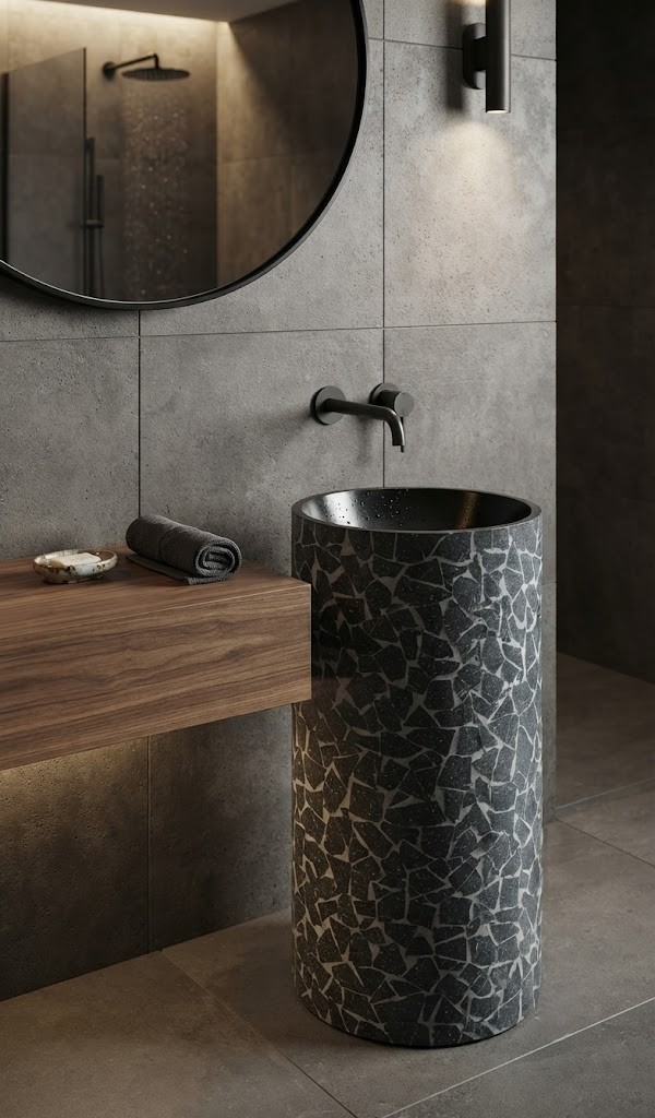 Black composite stone freestanding basin featuring geometric mosaic texture and contemporary cylindrical pedestal design.