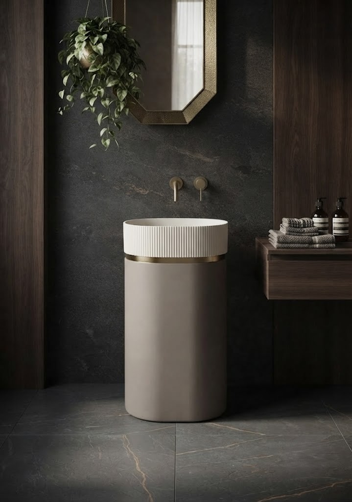 Modern composite stone freestanding basin featuring a fluted upper bowl, smooth cylindrical pedestal, and elegant gold accent ring.
