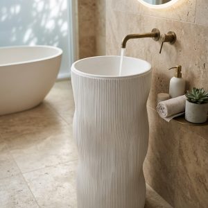 White artificial stone freestanding hourglass ribbed pedestal basin 1349 with gentle waisted silhouette and fine continuous vertical fluting in matte white finish