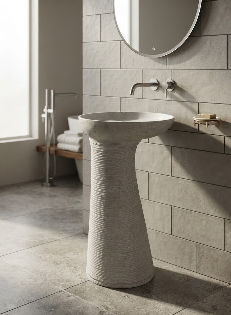 Twisted fluted composite stone freestanding basin with sculptural spiral pedestal and wide contemporary bowl.