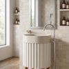 Freestanding composite stone basin featuring a fluted pedestal design, wooden support legs, and integrated storage shelf.