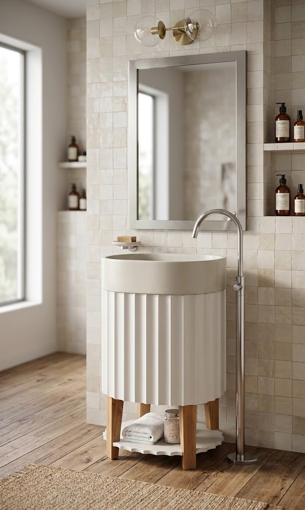 Freestanding composite stone basin featuring a fluted pedestal design, wooden support legs, and integrated storage shelf.