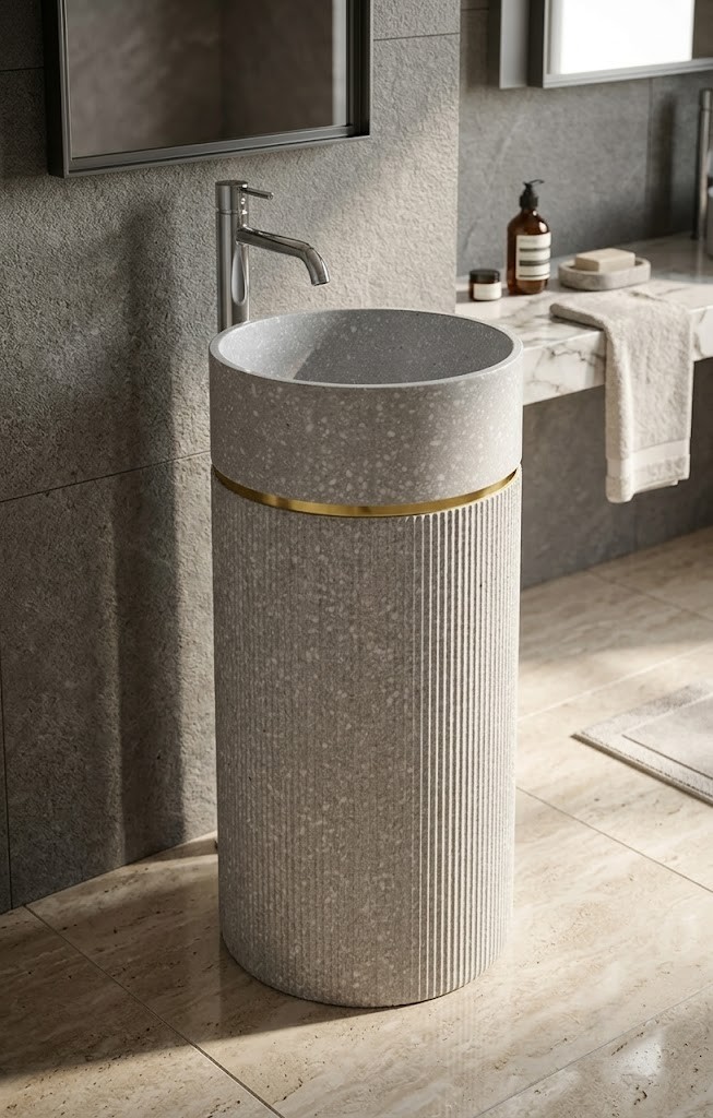 Close-up of terrazzo-inspired composite stone basin featuring subtle stone flecks and premium ivory finish.