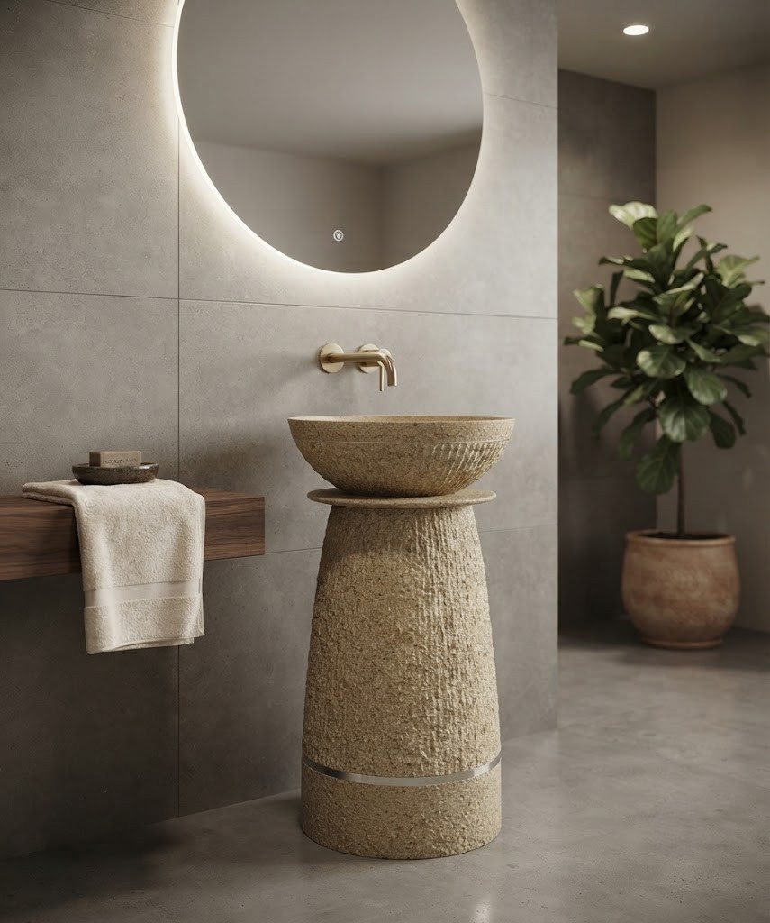Beige terrazzo composite stone freestanding basin with sculpted bowl, textured tapered pedestal, and metallic accent ring.