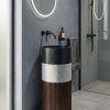 Luxury composite stone freestanding basin featuring a dark vessel bowl, contrasting stone band, and fluted pedestal base.
