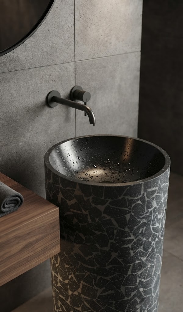 Close-up of fragmented mosaic pattern on black composite stone freestanding washbasin showing intricate geometric detailing.