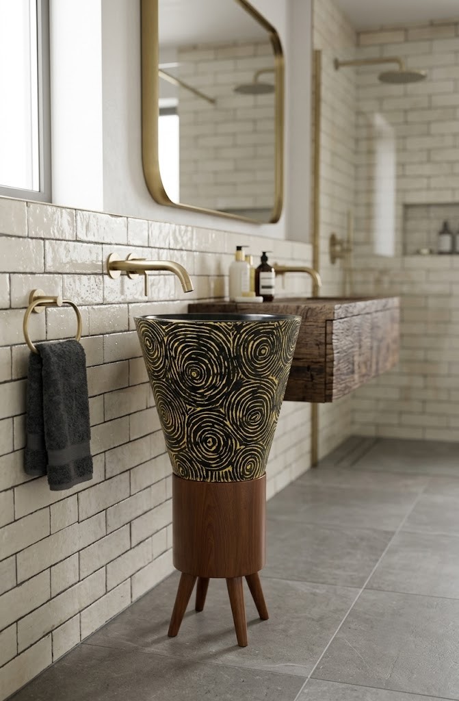 Decorative composite stone pedestal basin featuring artistic spiral patterns and an elegant wooden stand.