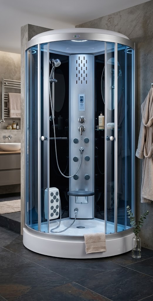 Quadrant steam shower cabin with tinted glass and body massage jets 16fcde65 5f6d 4f4f 9d88 e6a43b415efb - Quadrant Steam Shower Cabin with Multi-Jet Massage Panel, Handheld Shower & LED Lighting