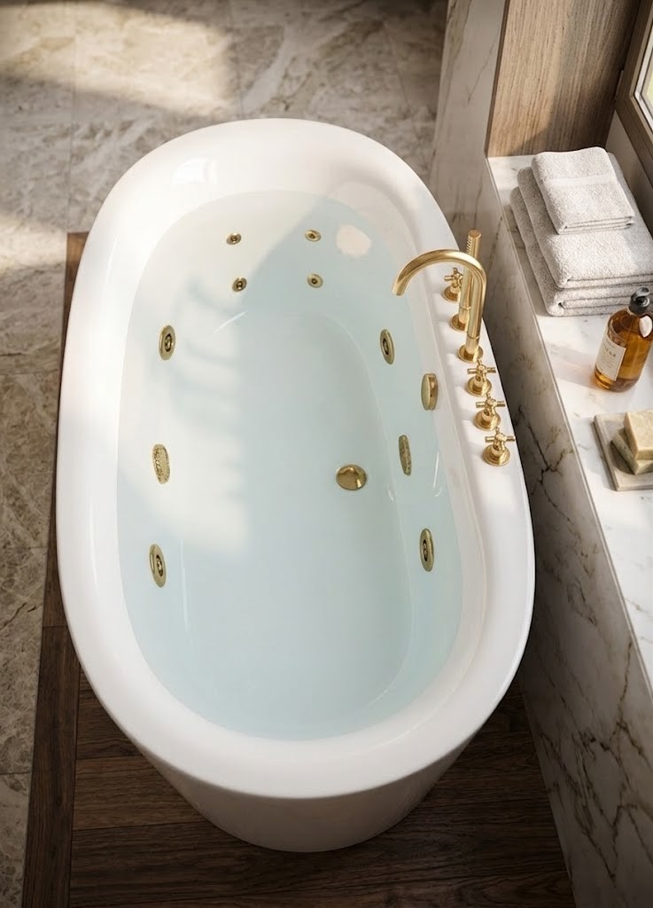 Designer acrylic jacuzzi tub for villas, hotels, and luxury homes 1dc97f62 09e2 4efc 9e4f 95d37d9cc8ec - Luxury Oval Acrylic Jacuzzi Bathtub with Gold Finish Fittings | Freestanding Whirlpool Spa Tub