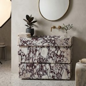 Premium Calacatta Viola marble vanity with white stone surface and burgundy veining.