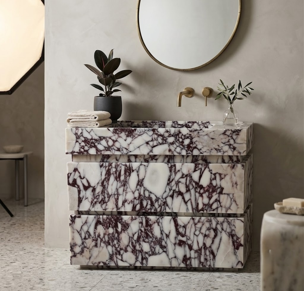 Premium Calacatta Viola marble vanity with white stone surface and burgundy veining.