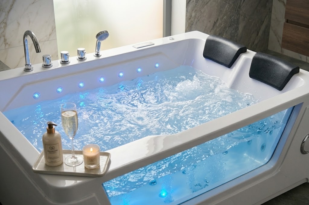 Modern glass panel jacuzzi bathtub installed in a luxury bathroom 3c565601 3739 49a7 b5ae 9ec9696056c6 - Luxury Glass Panel Jacuzzi Bathtub with LED Lighting & Hydro Massage Jets | Premium Acrylic Whirlpool Spa Tub