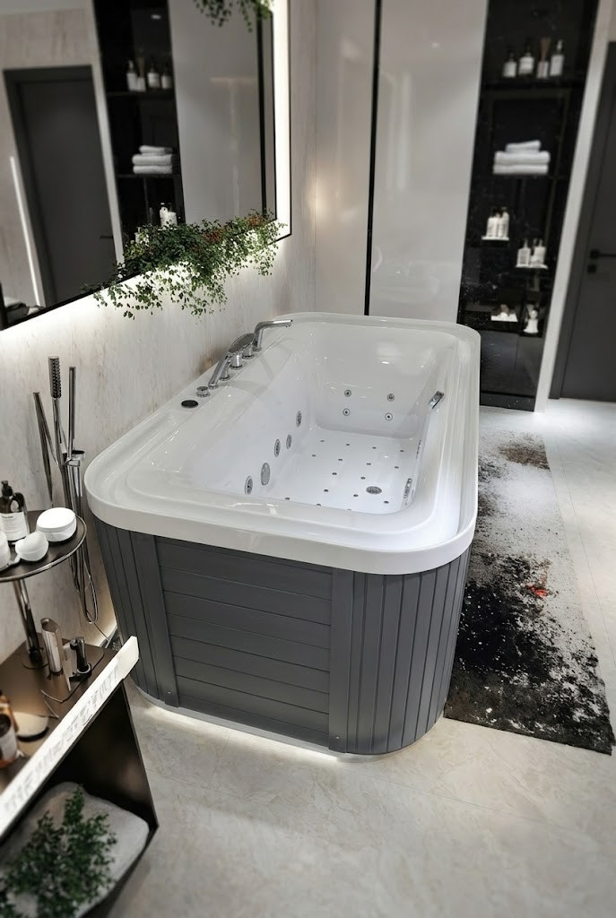 Designer whirlpool bathtub with multiple massage jets and elegant side panels 3da02fba 2636 4445 a196 ac9655c4a702 1 - Premium Acrylic Whirlpool Jacuzzi Bathtub with Hydro Massage Jets | Luxury Spa Tub for Modern Bathrooms
