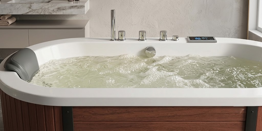 Designer acrylic whirlpool tub for villas, hotels, and premium residential projects 4f9294b4 b943 4dce 840d 56abb1b2b84c - Luxury Oval Acrylic Jacuzzi Bathtub with Wood Finish Panels | Premium Whirlpool Spa Tub for Modern Bathrooms