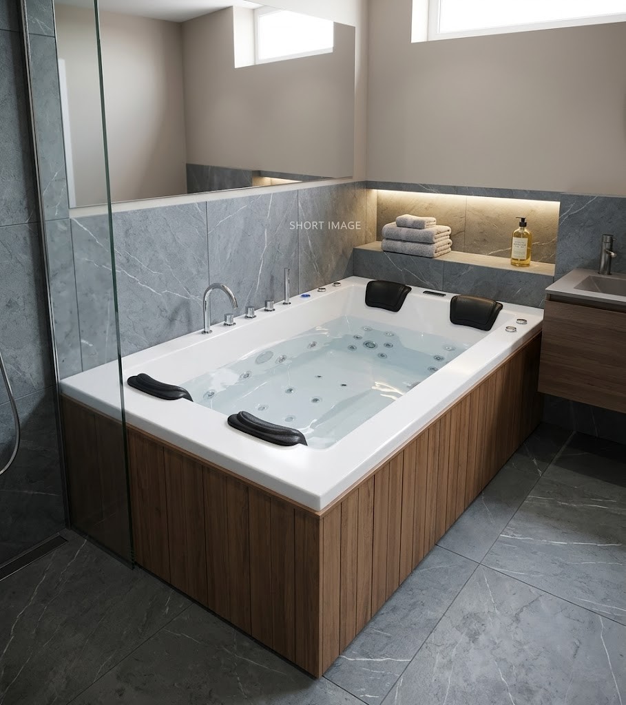 Luxury 2-person acrylic jacuzzi bathtub with hydro massage jets and wood finish panels 53222612 d6d2 4d79 b4fa d892a7e03485 - Luxury 2-Person Acrylic Jacuzzi Bathtub with Hydro Massage Jets | Premium Indoor Spa Tub