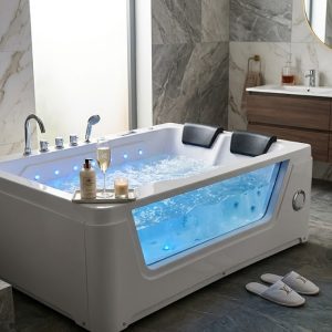 Luxury Glass Panel Jacuzzi Bathtub with LED Lighting & Hydro Massage Jets | Premium Acrylic Whirlpool Spa Tub