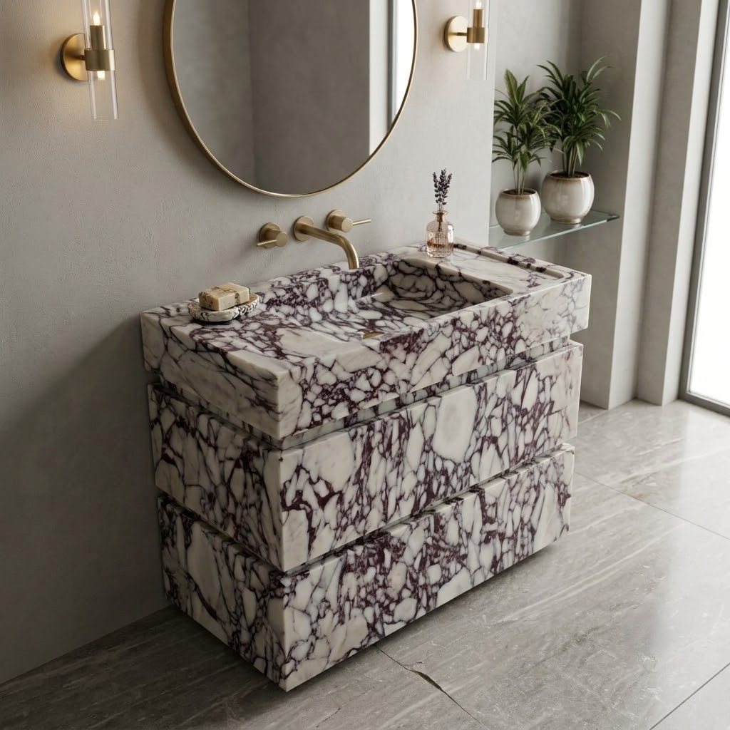Calacatta Viola Stone Vanity for Luxury Interiors 6be18ca7 4f44 490b 8dda 2bf8274f6f6e - Luxury Calacatta Viola Marble Vanity Unit | Premium Bathroom Vanity with Natural Stone Finish