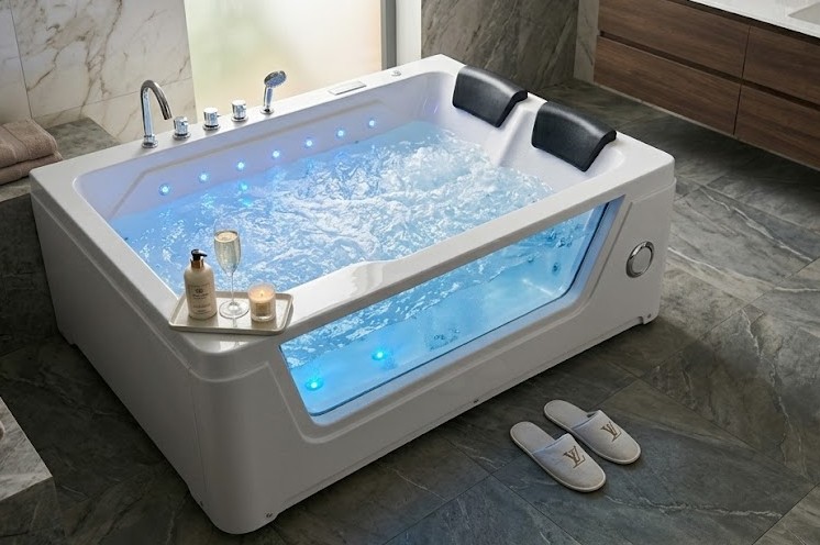 Premium whirlpool spa tub featuring hydro massage jets and dual headrests 7c81dfc5 4604 427f 947f 7660d5fd6a2a - Luxury Glass Panel Jacuzzi Bathtub with LED Lighting & Hydro Massage Jets | Premium Acrylic Whirlpool Spa Tub