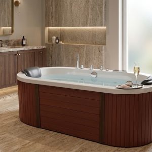 Luxury Oval Acrylic Jacuzzi Bathtub with Wood Finish Panels | Premium Whirlpool Spa Tub for Modern Bathrooms