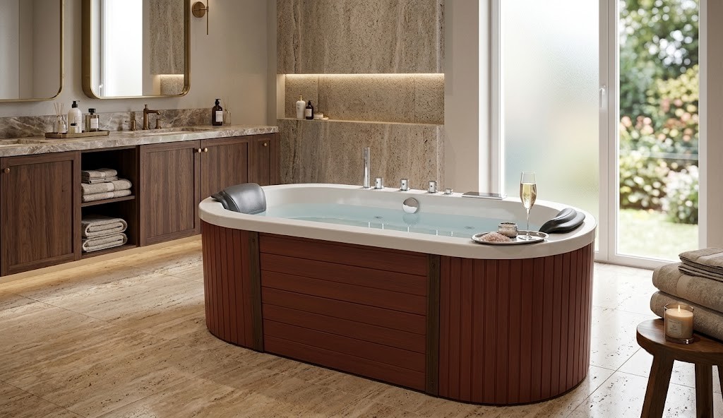Luxury oval acrylic jacuzzi bathtub with wood-finish exterior panels and hydro massage jets 7dee452a 0cff 4b22 ae10 4271a66ab499 - Luxury Oval Acrylic Jacuzzi Bathtub with Wood Finish Panels | Premium Whirlpool Spa Tub for Modern Bathrooms