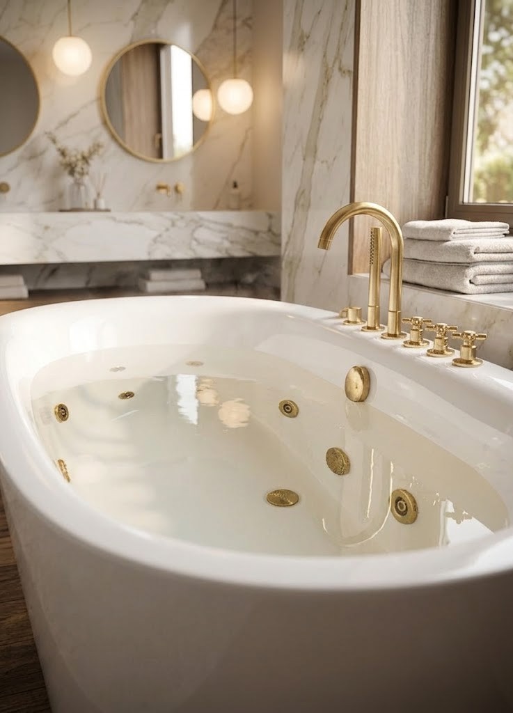 Premium freestanding whirlpool bathtub installed in a luxury marble bathroom b09b2d97 845f 47ad a156 bb1a8a19d5ba - Luxury Oval Acrylic Jacuzzi Bathtub with Gold Finish Fittings | Freestanding Whirlpool Spa Tub