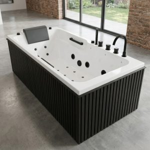 Black Edition Whirlpool Jacuzzi Bathtub 6x2.5 Ft | Fluted Wood-Finish Panel with Headrest & Multi-Jet Massage