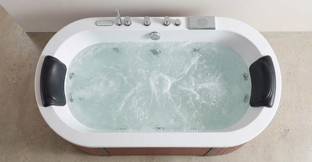 Modern freestanding jacuzzi bathtub installed in a luxury bathroom interior be396046 d125 466e 8ad8 e106ec75f92c - Luxury Oval Acrylic Jacuzzi Bathtub with Wood Finish Panels | Premium Whirlpool Spa Tub for Modern Bathrooms
