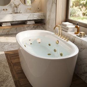 Luxury Oval Acrylic Jacuzzi Bathtub with Gold Finish Fittings | Freestanding Whirlpool Spa Tub