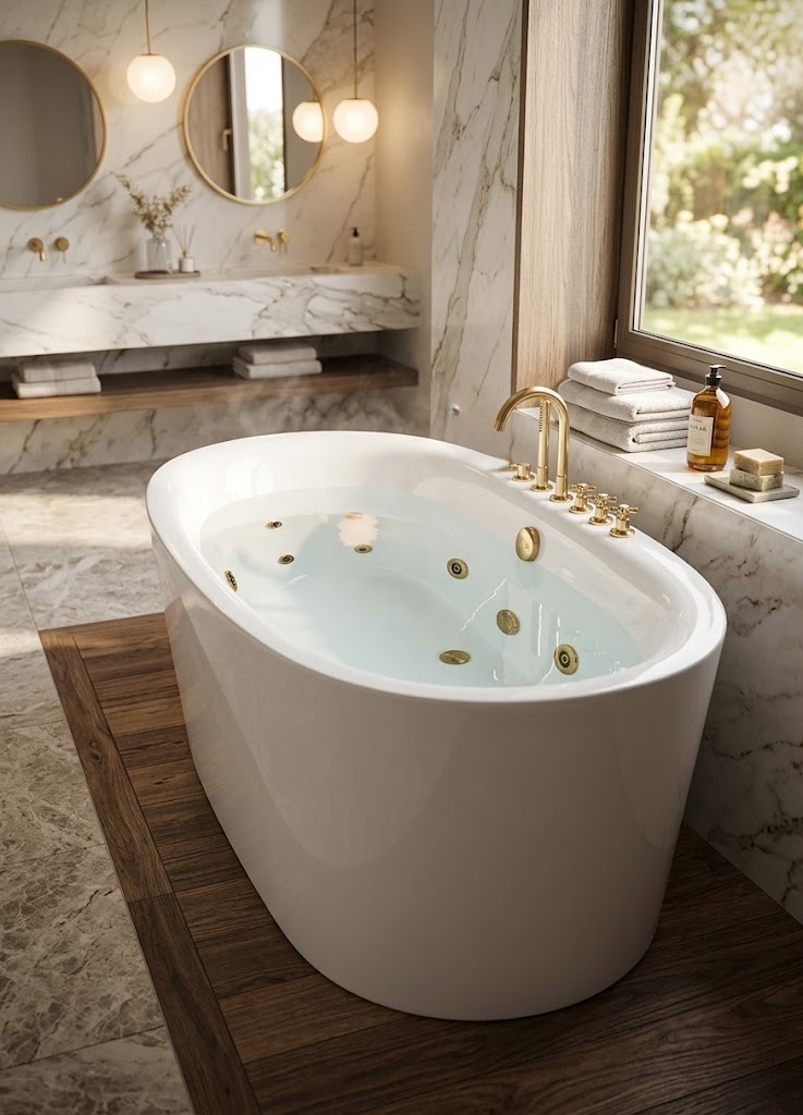 Luxury oval acrylic jacuzzi bathtub with gold finish faucet and hydro massage jets cc903280 1fbd 4748 a519 1a8d0c48c866 - Luxury Oval Acrylic Jacuzzi Bathtub with Gold Finish Fittings | Freestanding Whirlpool Spa Tub