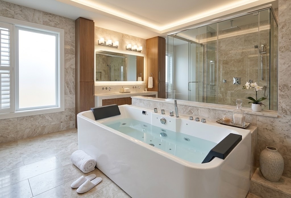Luxury Acrylic Whirlpool Jacuzzi Bathtub with Hydro Massage Jets | Freestanding Spa Tub for Modern Bathrooms
