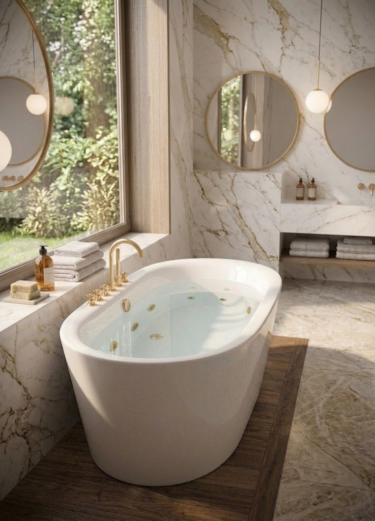 Modern oval spa bathtub featuring elegant gold fixtures and hydrotherapy jets dc6601a9 bea8 47c0 a6af 1f4c1fe21ac7 - Luxury Oval Acrylic Jacuzzi Bathtub with Gold Finish Fittings | Freestanding Whirlpool Spa Tub