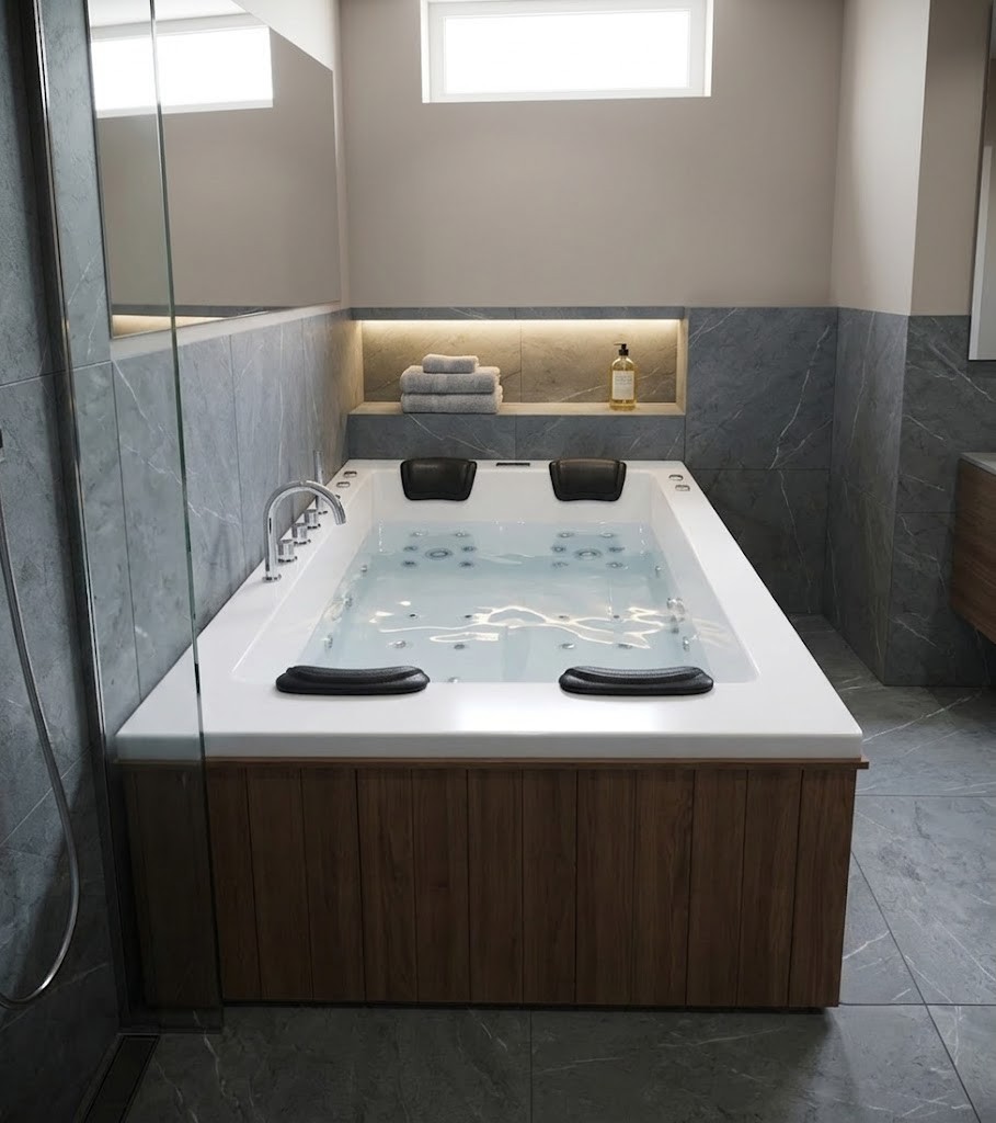 Modern whirlpool spa bathtub featuring ergonomic headrests and premium acrylic construction e6278c66 5af1 47e5 a19a fdf4a8afbba8 - Luxury 2-Person Acrylic Jacuzzi Bathtub with Hydro Massage Jets | Premium Indoor Spa Tub