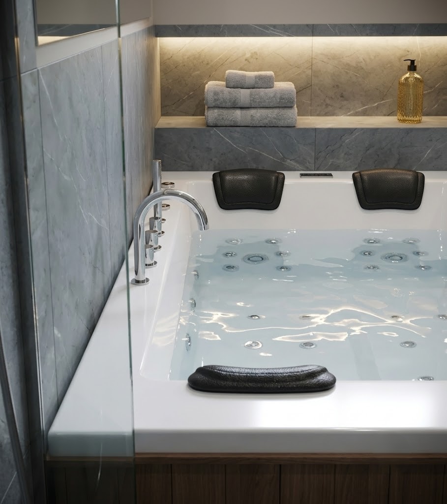 Modern whirlpool spa bathtub featuring ergonomic headrests and premium acrylic construction f3b5f073 cea1 4b10 a23e 263f0950ae9e - Luxury 2-Person Acrylic Jacuzzi Bathtub with Hydro Massage Jets | Premium Indoor Spa Tub